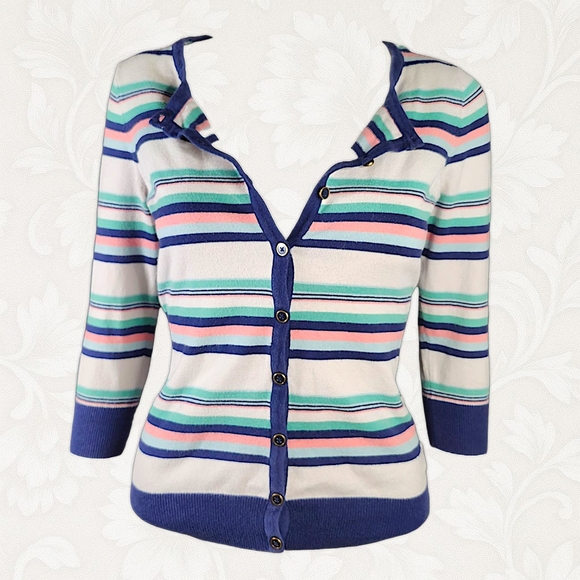 F&F chic Elbow Length Sleeved Button Up Striped Cardigan- Size 6 - Picture 1 of 7